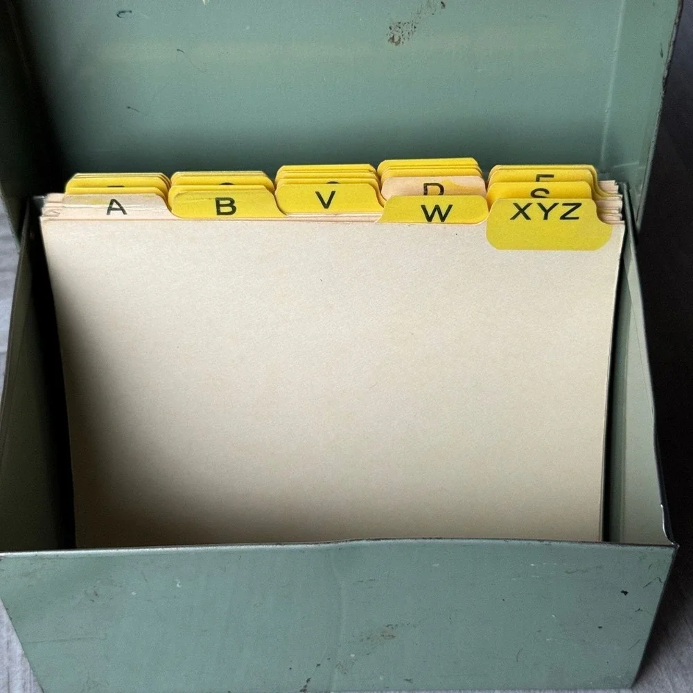 Vintage Sage Green Metal Index Card Box with A-Z Dividers Industrial Storage MCM